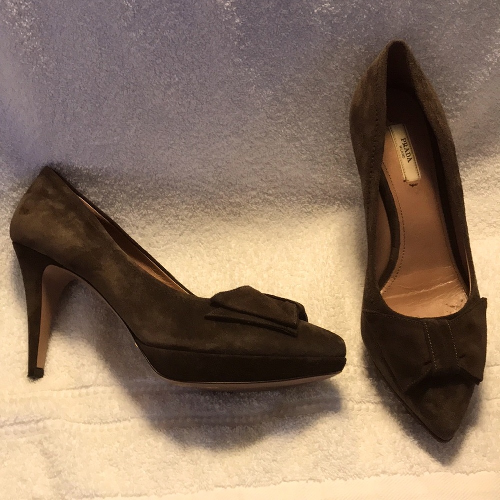 Prada platform heel taupe brown suede